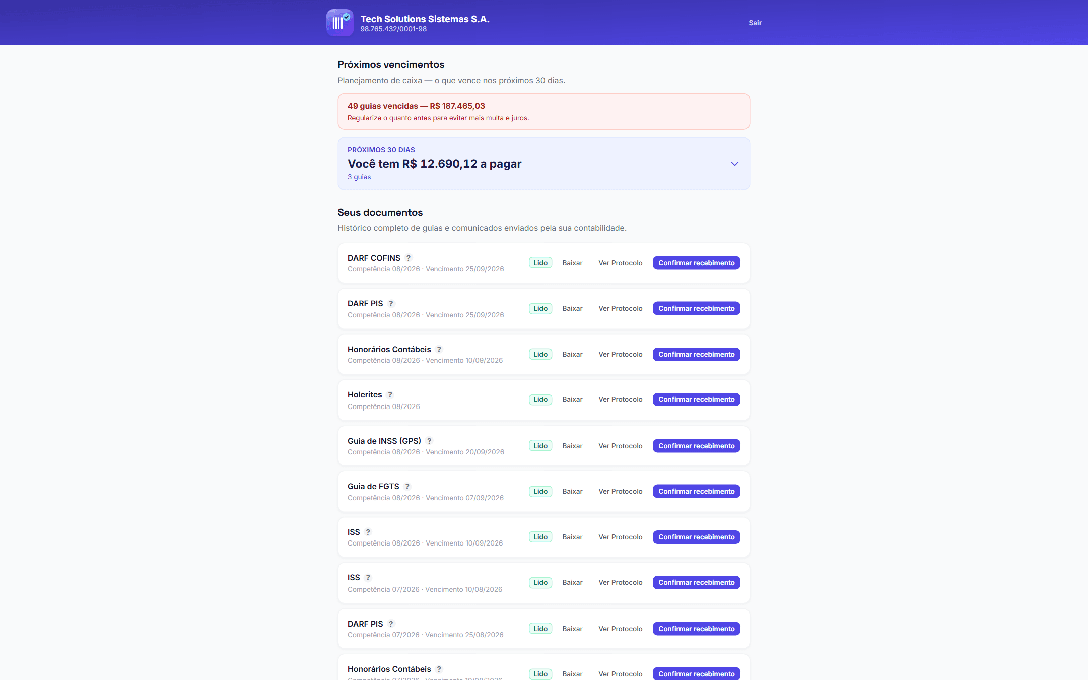 Portal do cliente no computador com próximos vencimentos e documentos