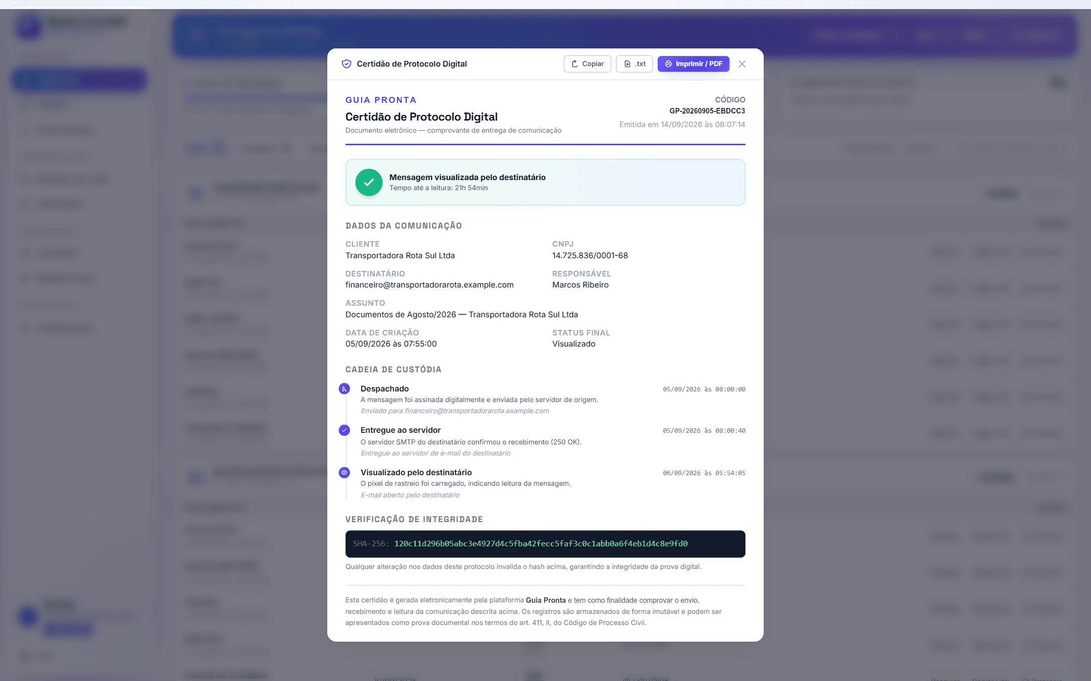 Certidão de protocolo digital com cadeia de custódia e hash SHA-256